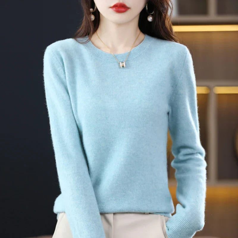 Dame-sweater i cashmere med rund hals og lange ærmer