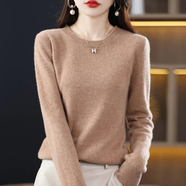 Dame-sweater i cashmere med rund hals og lange ærmer