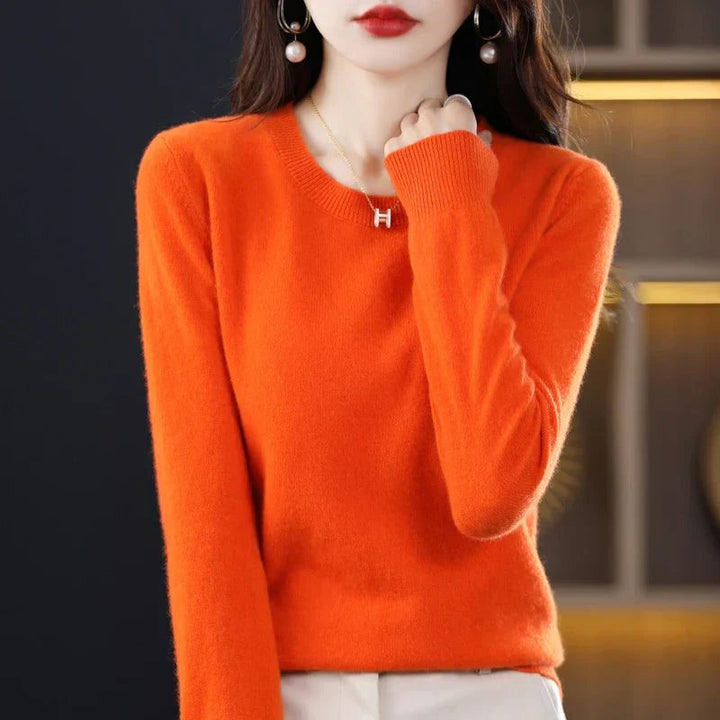 Dame-sweater i cashmere med rund hals og lange ærmer
