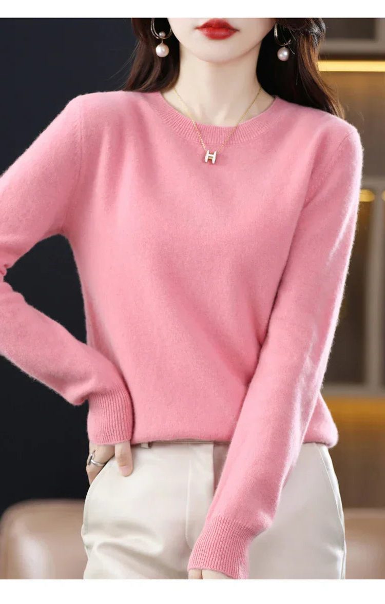 Dame-sweater i cashmere med rund hals og lange ærmer