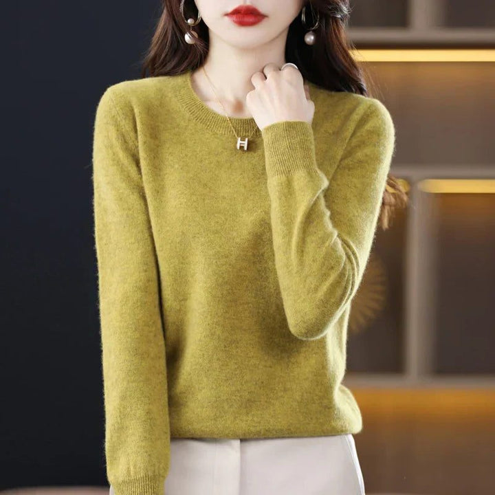 Dame-sweater i cashmere med rund hals og lange ærmer