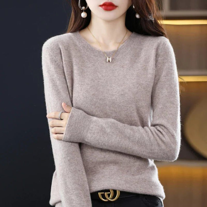 Dame-sweater i cashmere med rund hals og lange ærmer