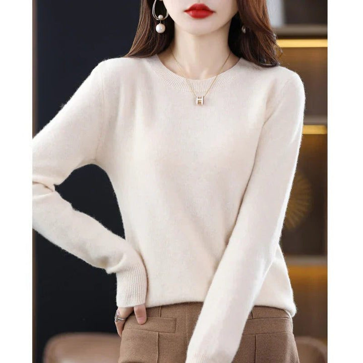 Dame-sweater i cashmere med rund hals og lange ærmer