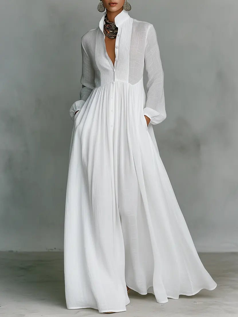Maxi dress with stand collar and buttons for women