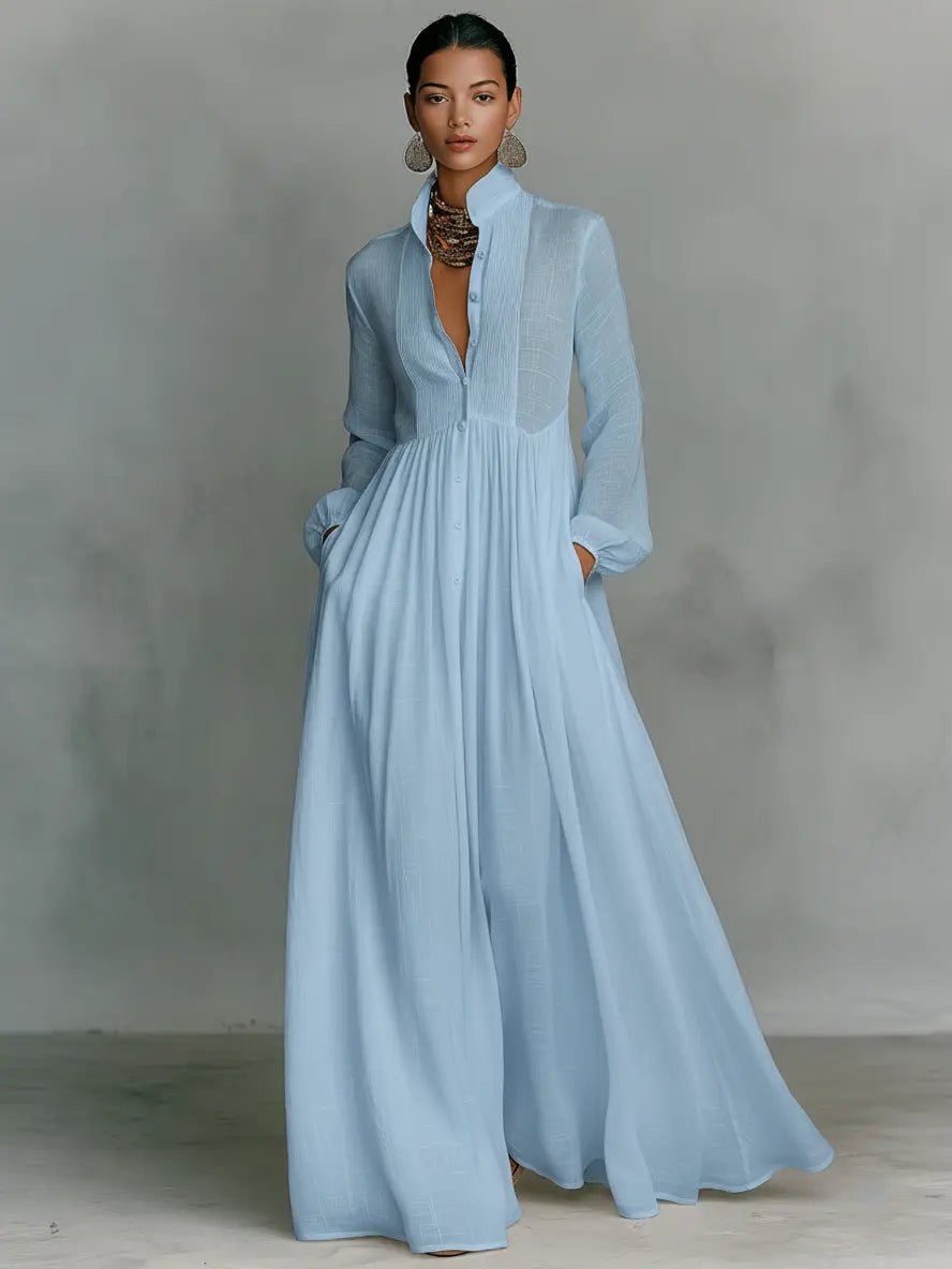 Maxi dress with stand collar and buttons for women