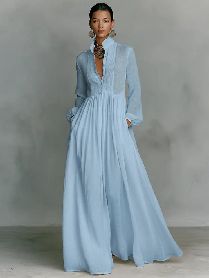 Maxi dress with stand collar and buttons for women