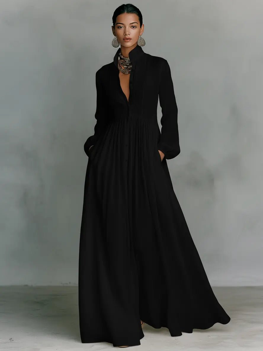Maxi dress with stand collar and buttons for women