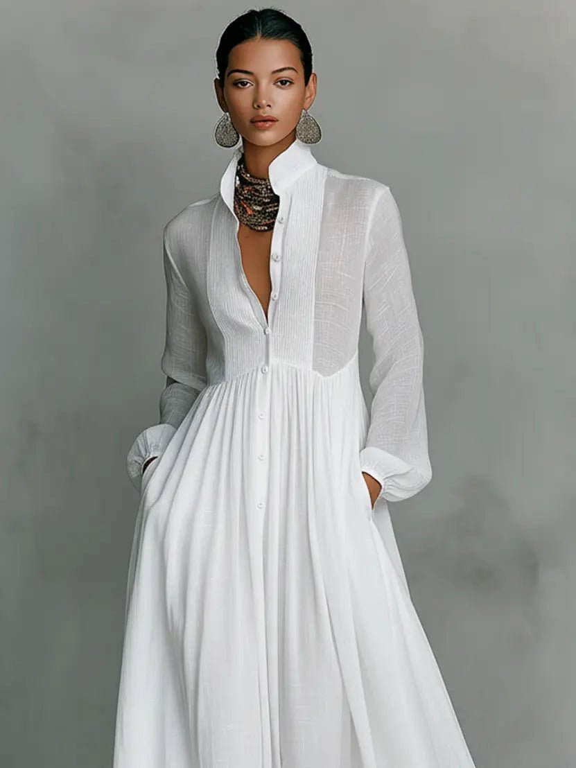 Maxi dress with stand collar and buttons for women