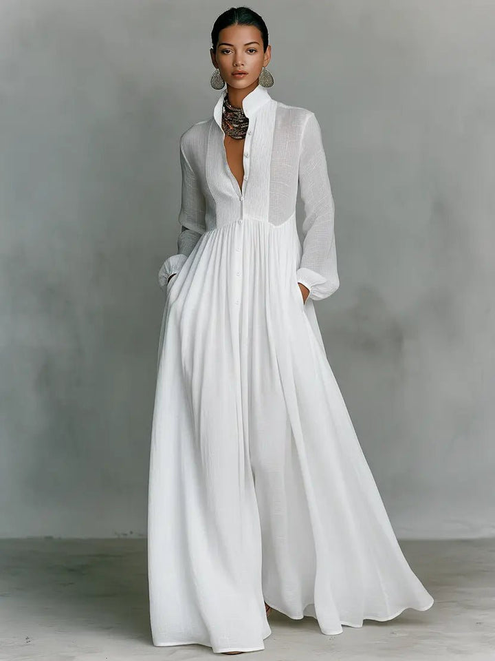 Maxi dress with stand collar and buttons for women