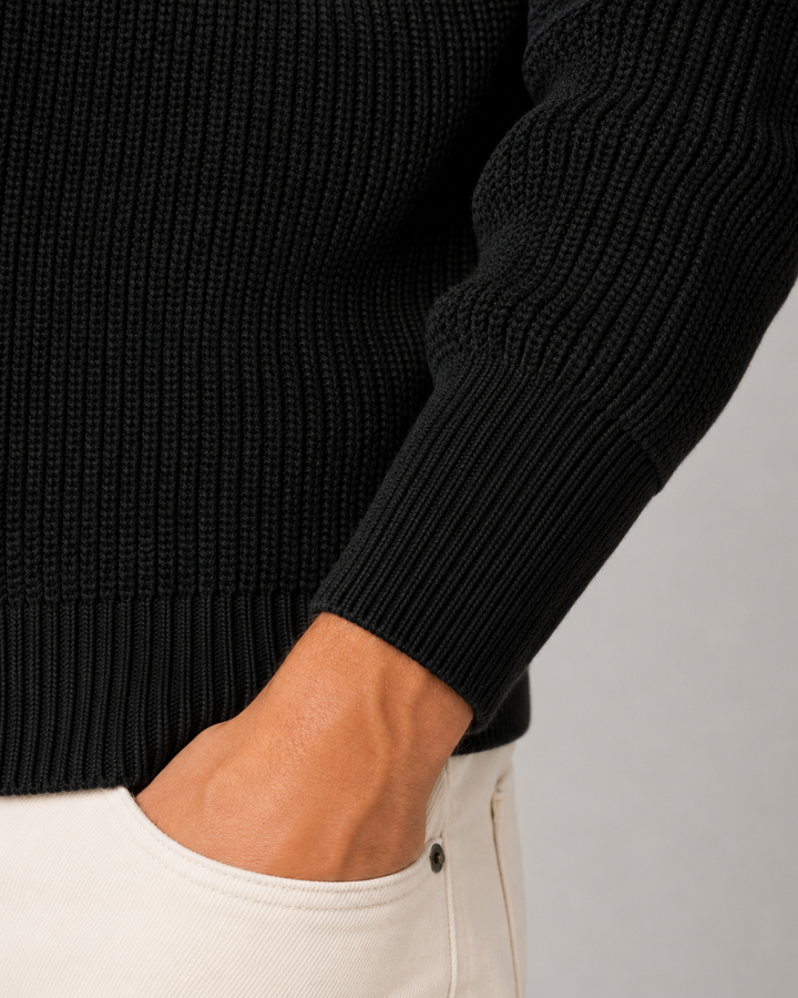 Herre-sweater i ribstrik med kort lynlås og høj hals