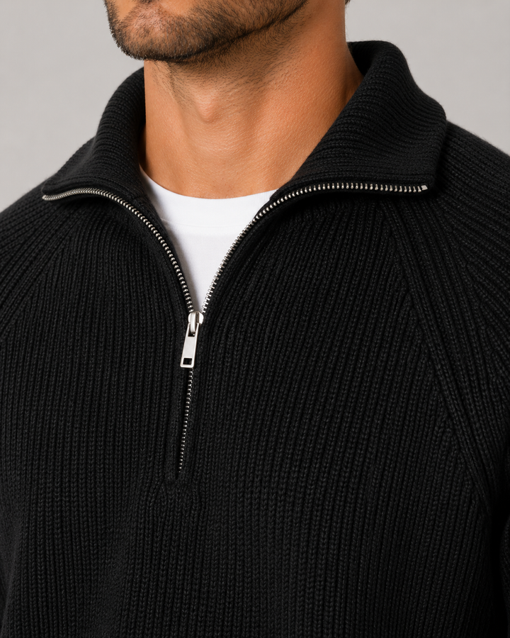 Herre-sweater i ribstrik med kort lynlås og høj hals