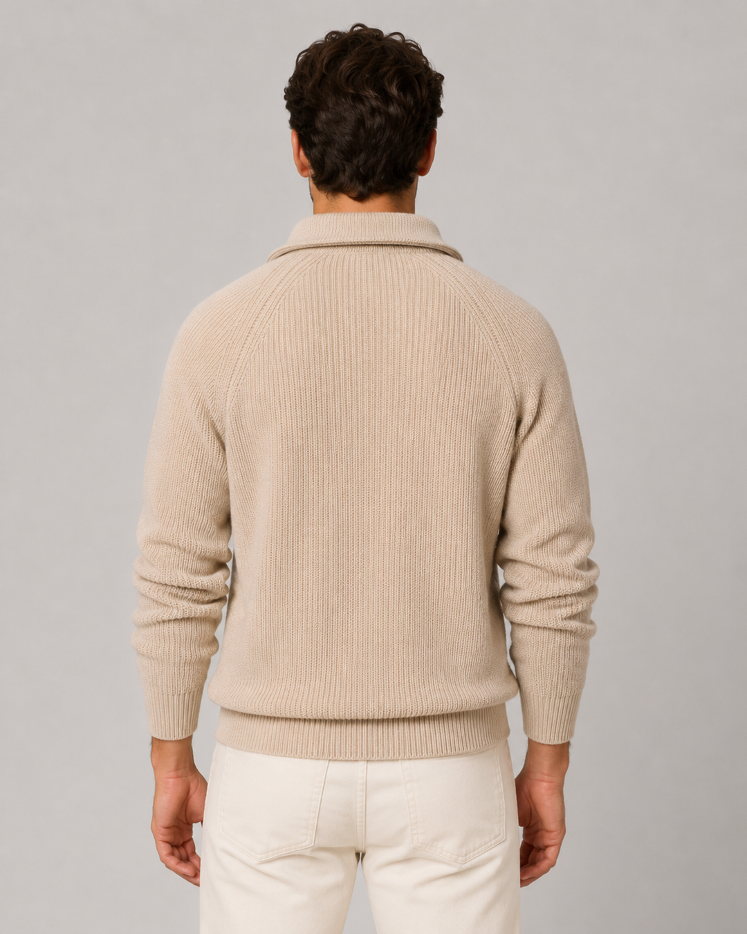 Herre-sweater i ribstrik med kort lynlås og høj hals