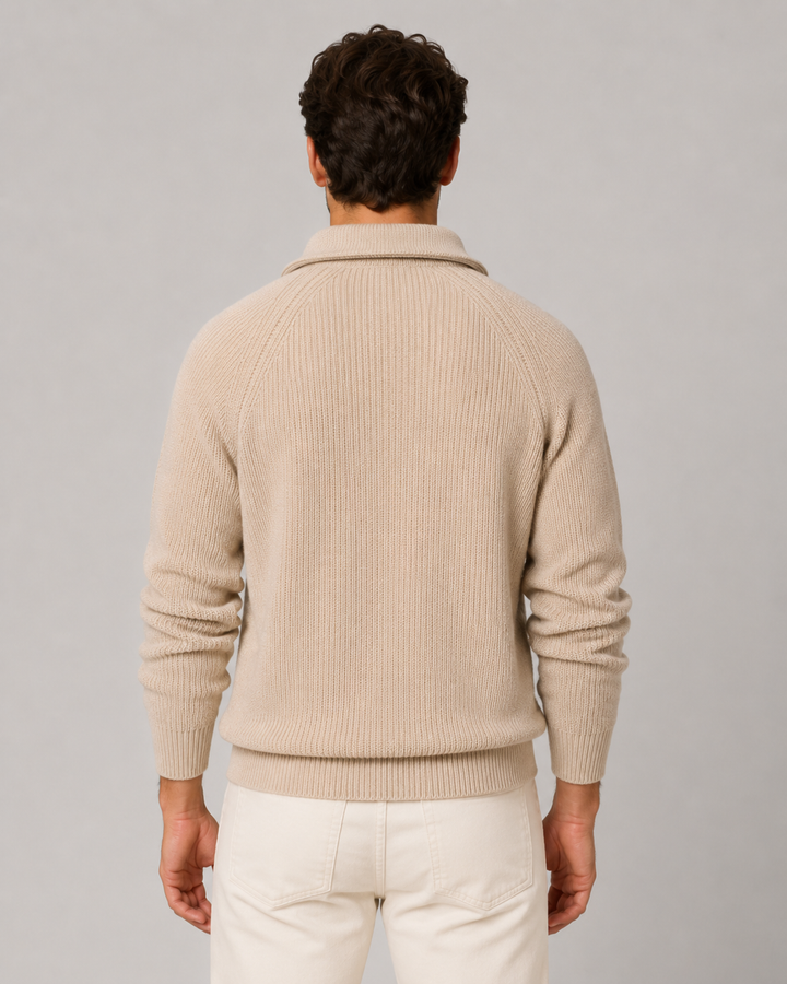 Herre-sweater i ribstrik med kort lynlås og høj hals