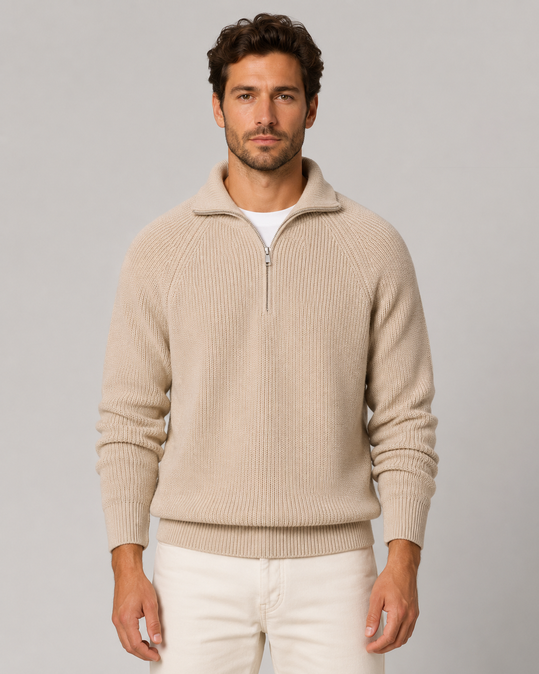 Herre-sweater i ribstrik med kort lynlås og høj hals