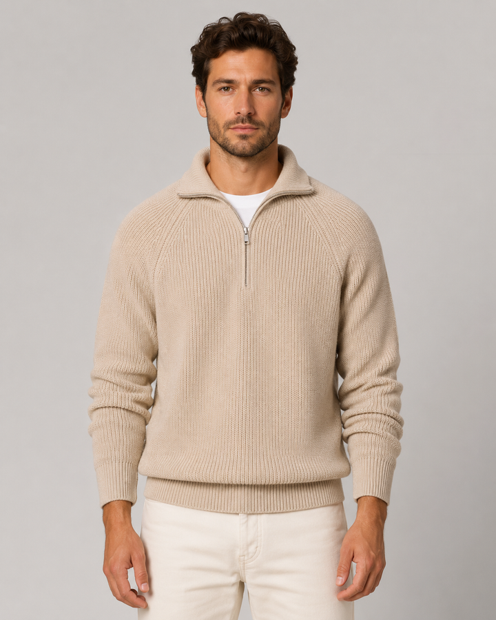 Herre-sweater i ribstrik med kort lynlås og høj hals