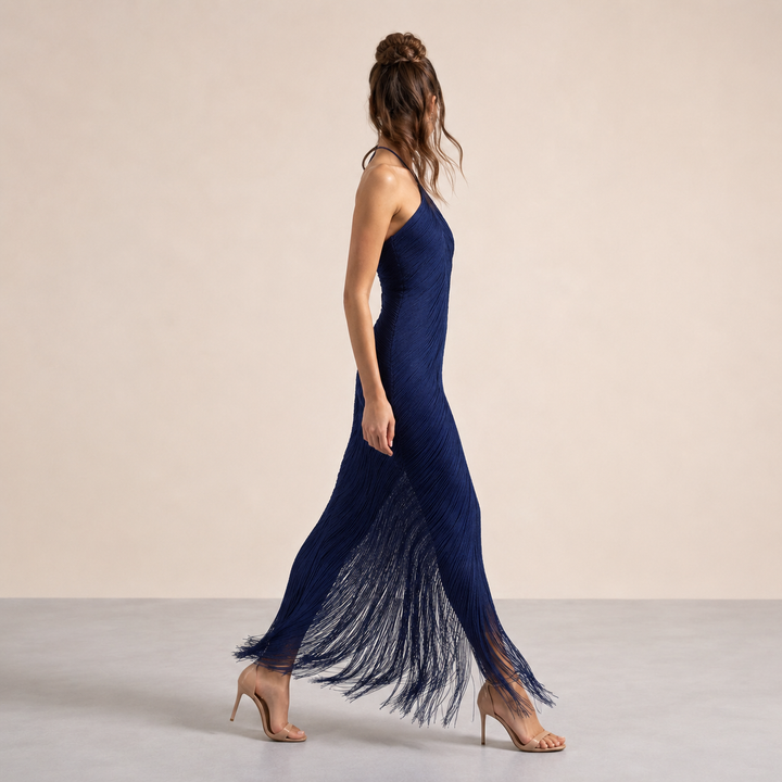 Long Halterneck Dress with Fringe for Women