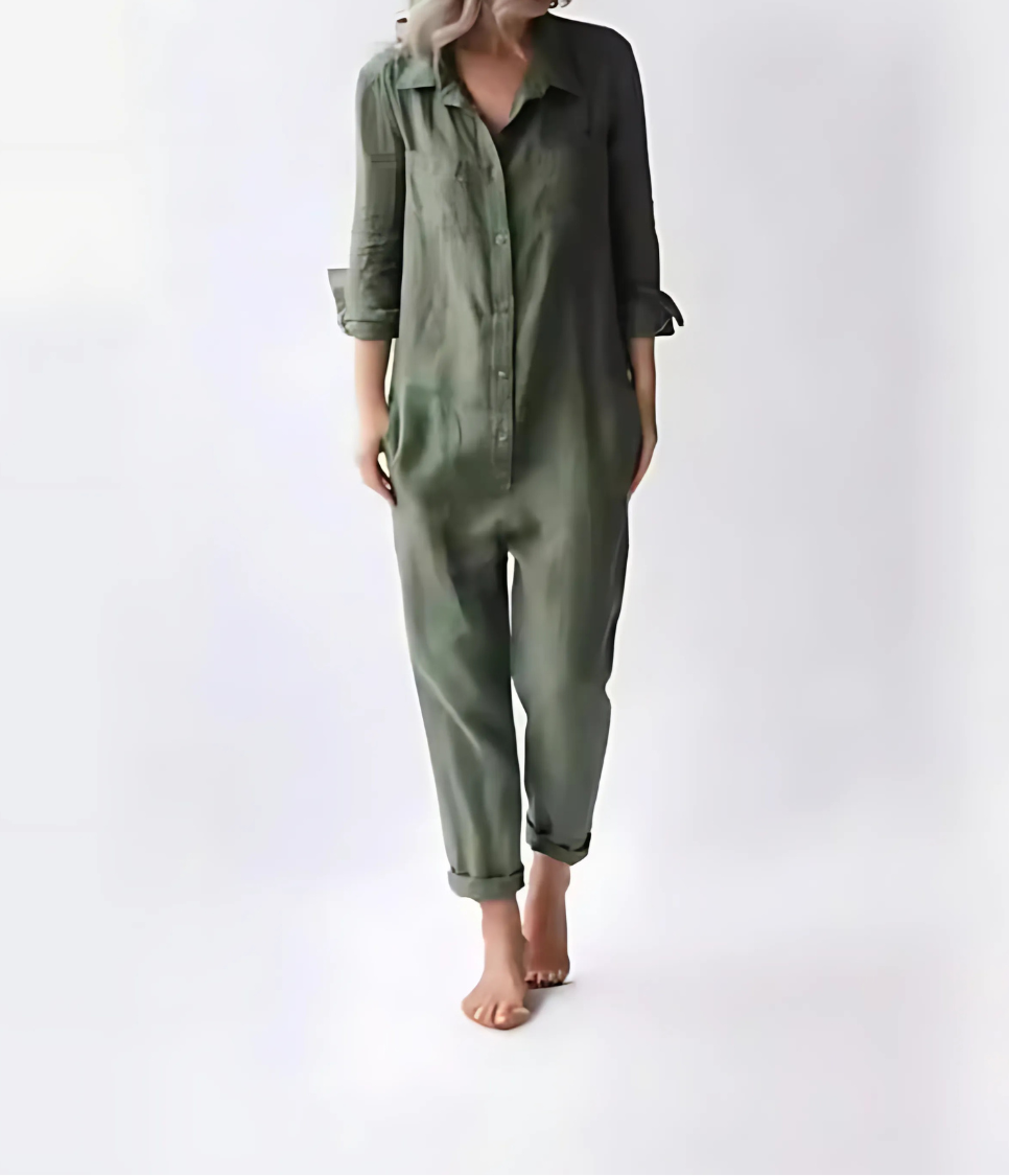 Niki | Kvinders Linned Knap-Front Afslappet Jumpsuit