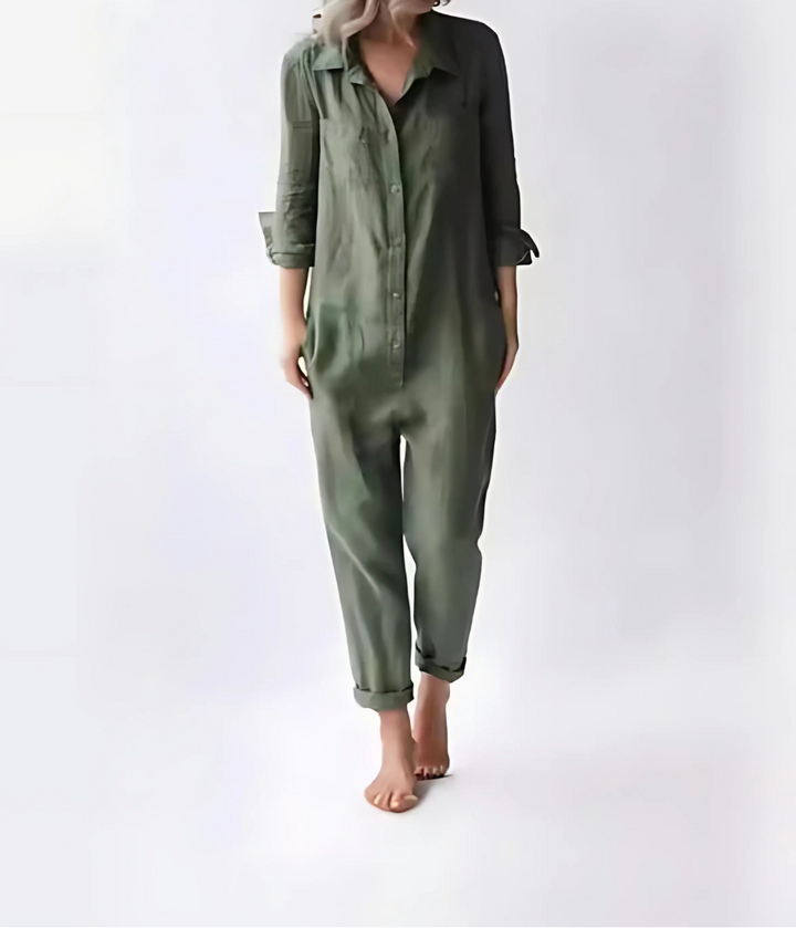 Niki | Kvinders Linned Knap-Front Afslappet Jumpsuit