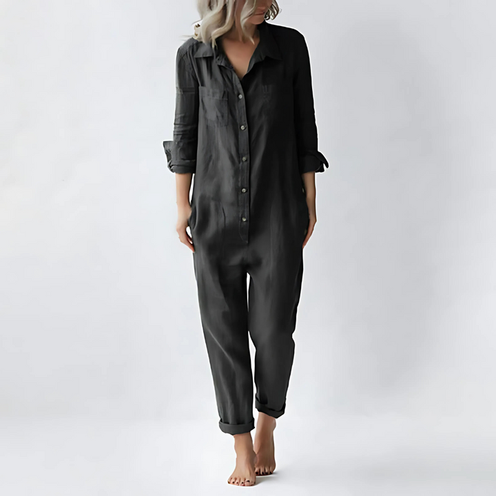Niki | Kvinders Linned Knap-Front Afslappet Jumpsuit