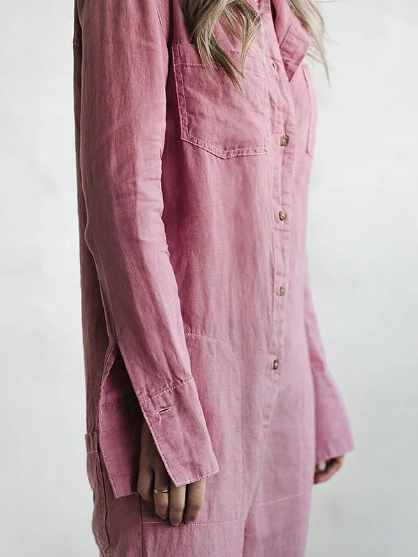Niki | Kvinders Linned Knap-Front Afslappet Jumpsuit