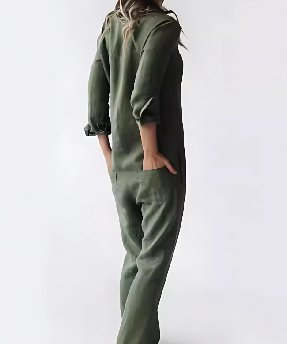 Niki | Kvinders Linned Knap-Front Afslappet Jumpsuit