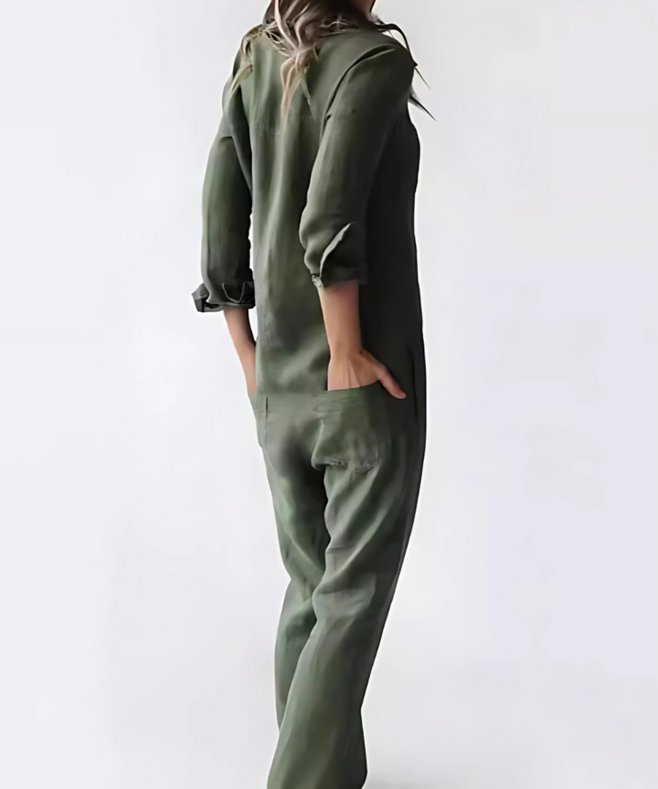 Niki | Kvinders Linned Knap-Front Afslappet Jumpsuit
