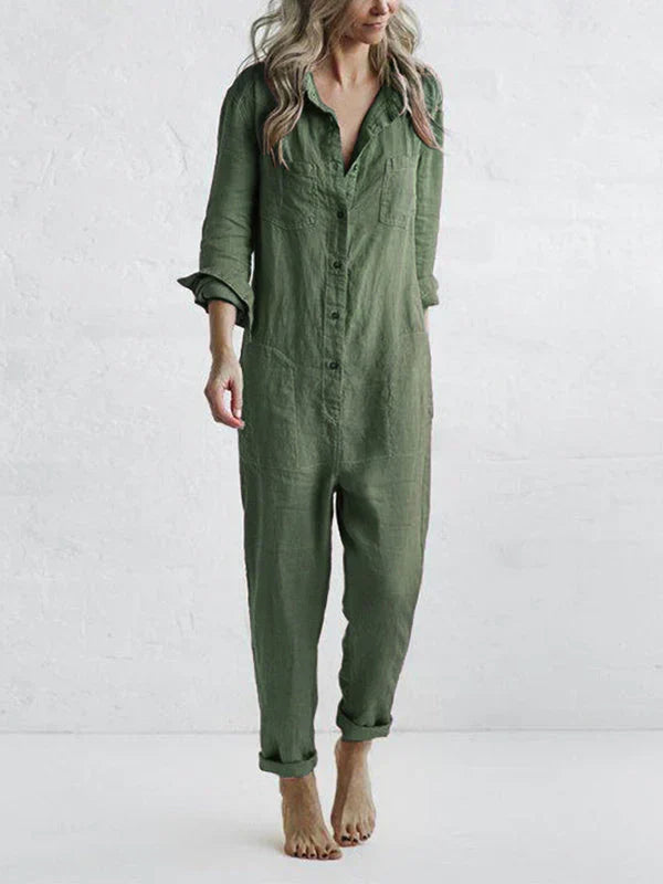 Niki | Kvinders Linned Knap-Front Afslappet Jumpsuit