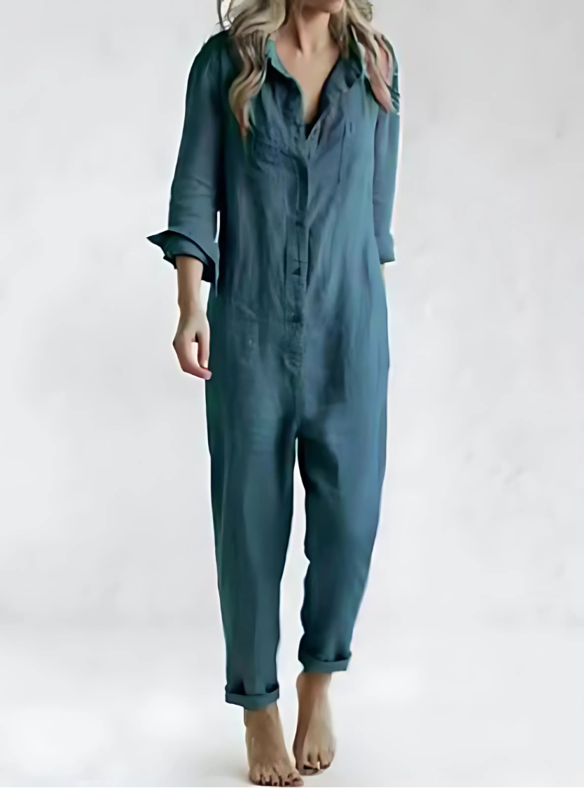 Niki | Kvinders Linned Knap-Front Afslappet Jumpsuit