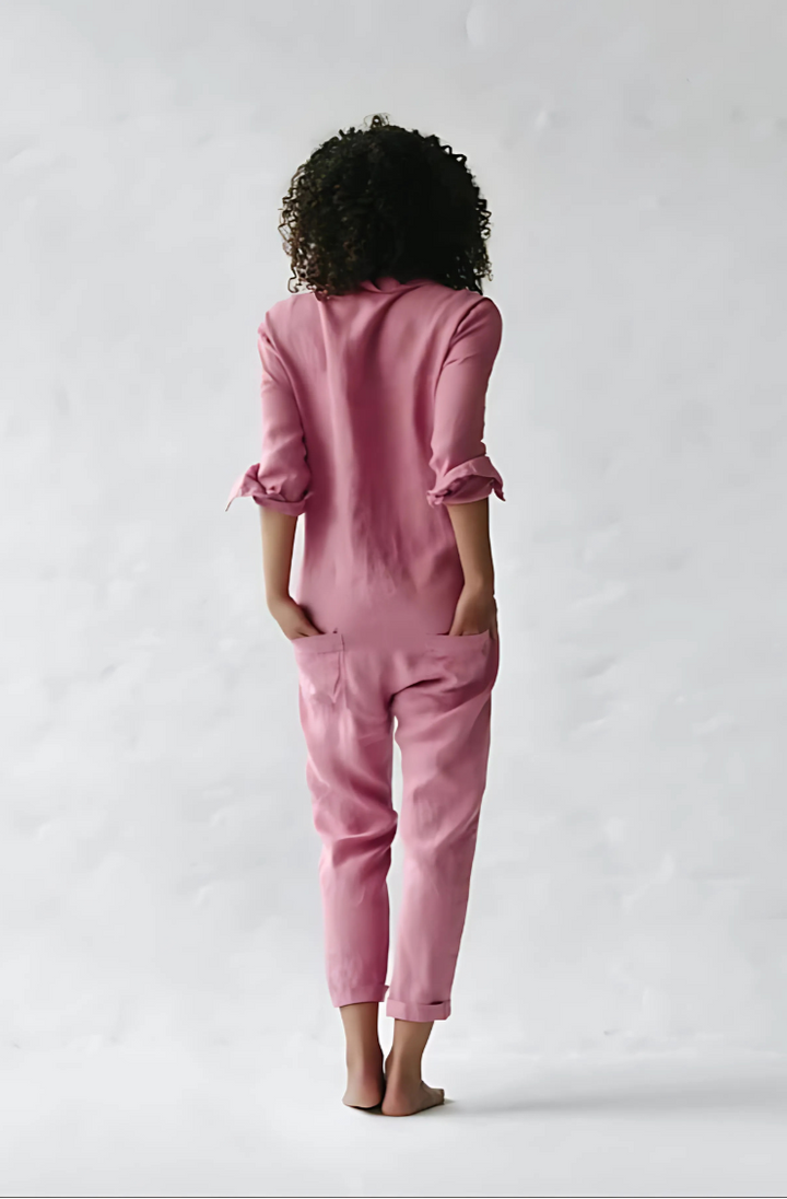 Niki | Kvinders Linned Knap-Front Afslappet Jumpsuit