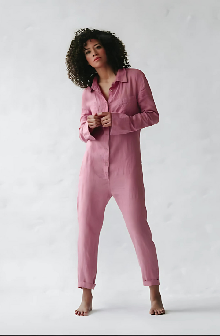 Niki | Kvinders Linned Knap-Front Afslappet Jumpsuit