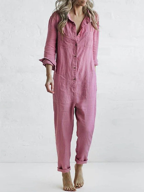 Niki | Kvinders Linned Knap-Front Afslappet Jumpsuit