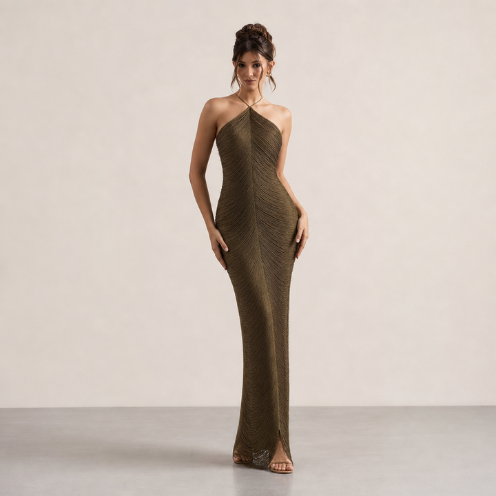 Long Halterneck Dress with Fringe for Women