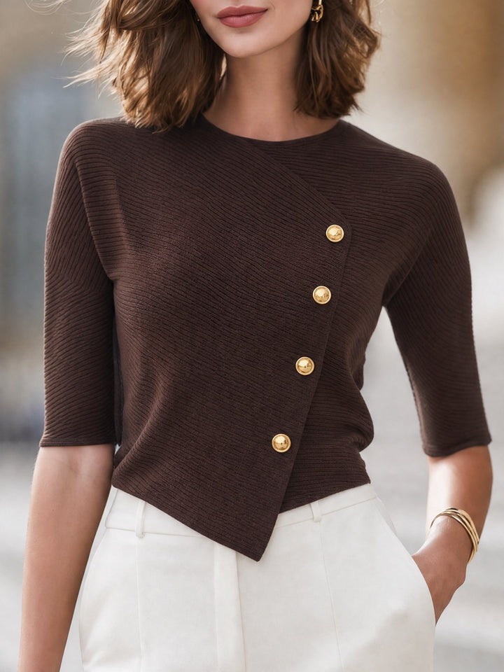 Ribbed knit top with an asymmetrical button closure for women