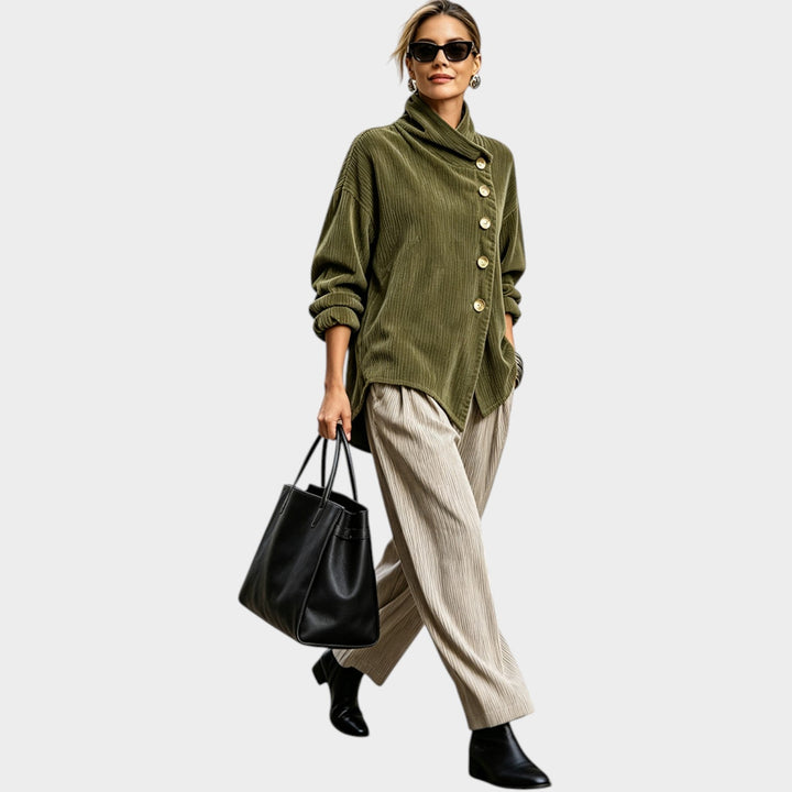 Women's Cardigan with Funnel Neck and Asymmetrical Hem