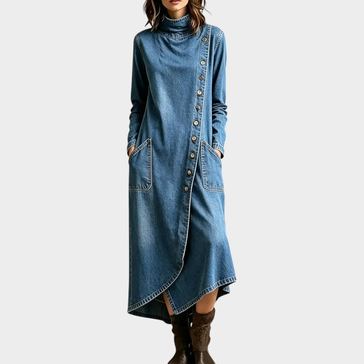 Midikjole i denim til kvinder med rullekrave og asymmetrisk fald