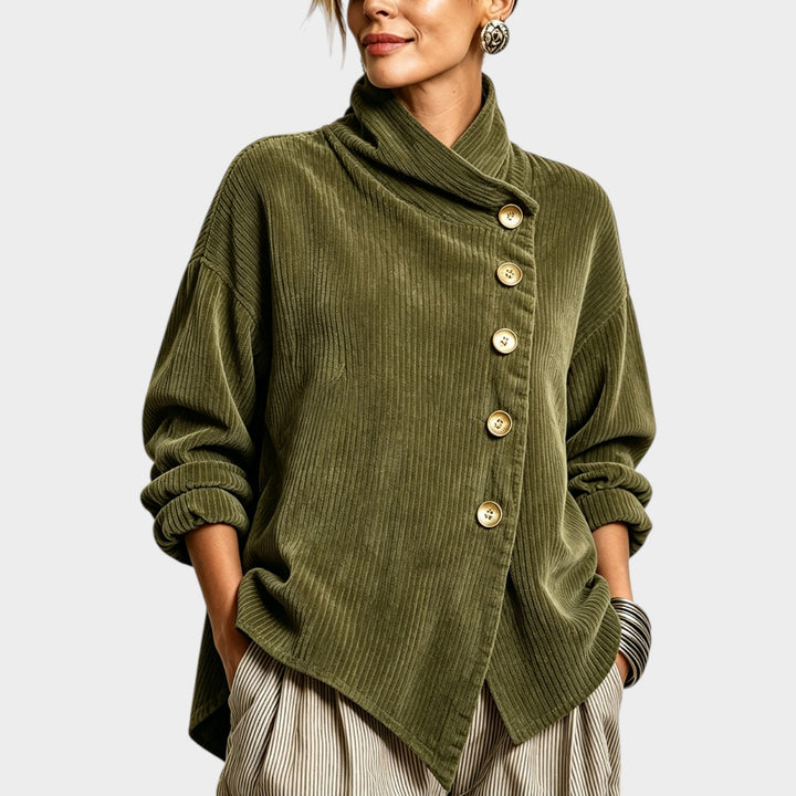 Women's Cardigan with Funnel Neck and Asymmetrical Hem