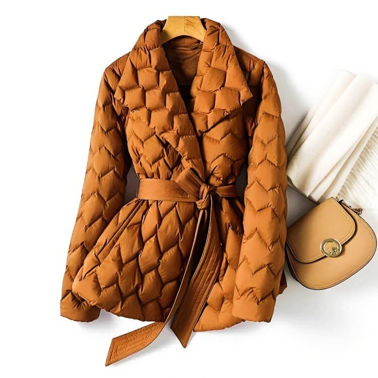 Quilted Jacket with Lapel Collar and Tie Belt for Women