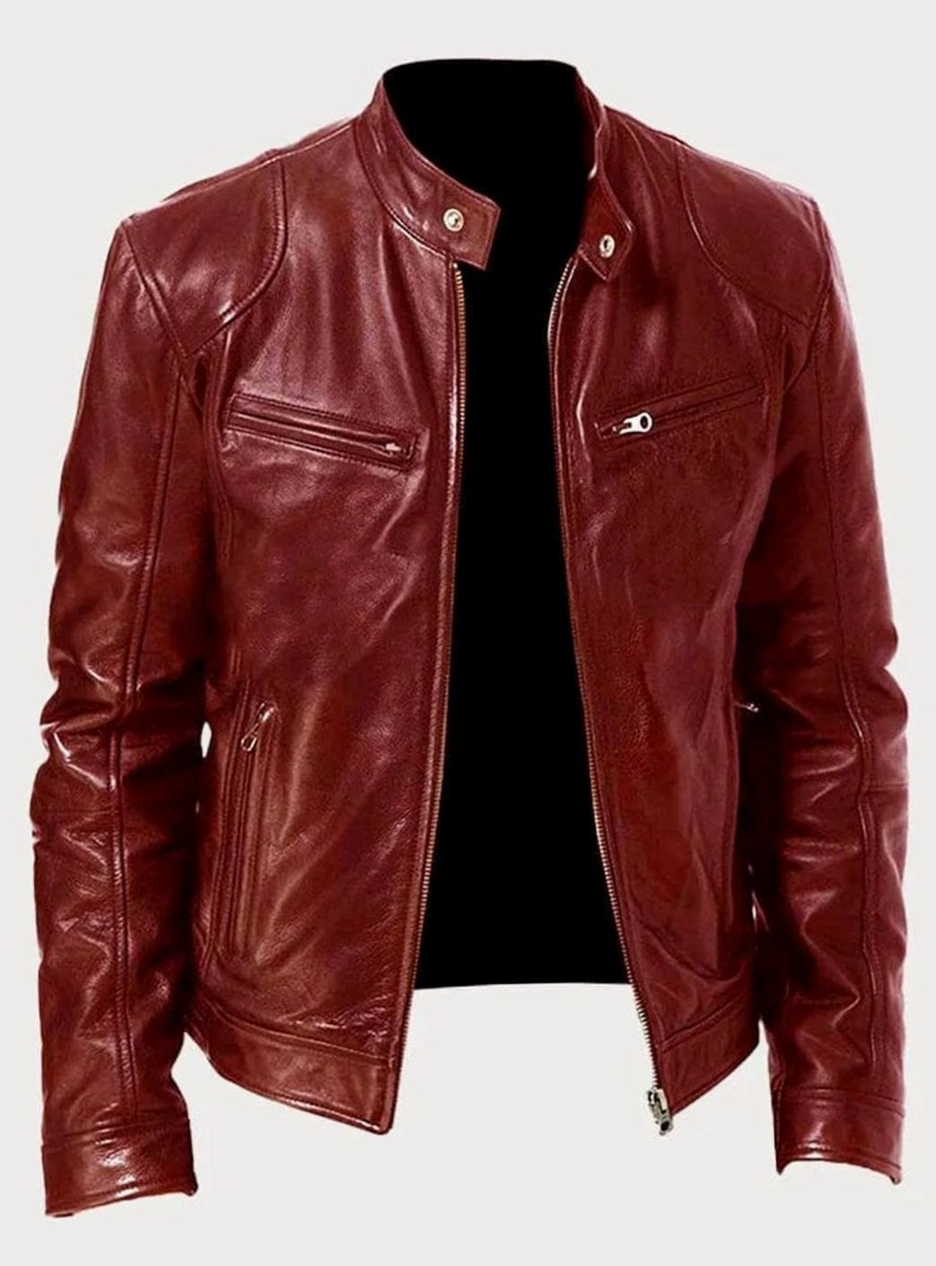 Classic Moto Leather Jacket with Zipper for Men