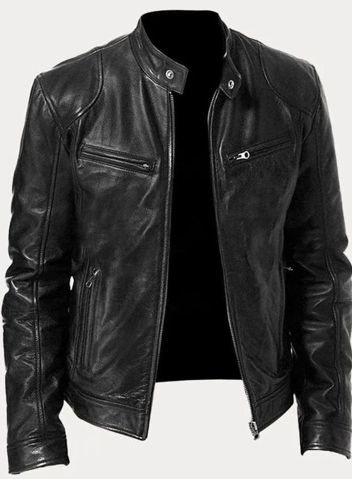 Classic Moto Leather Jacket with Zipper for Men