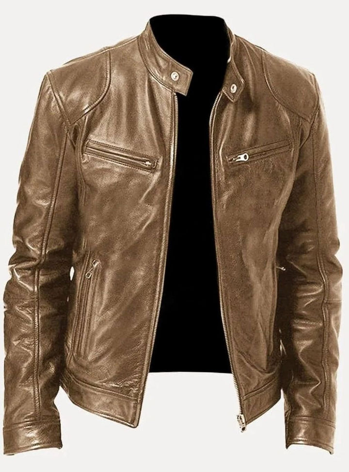 Classic Moto Leather Jacket with Zipper for Men