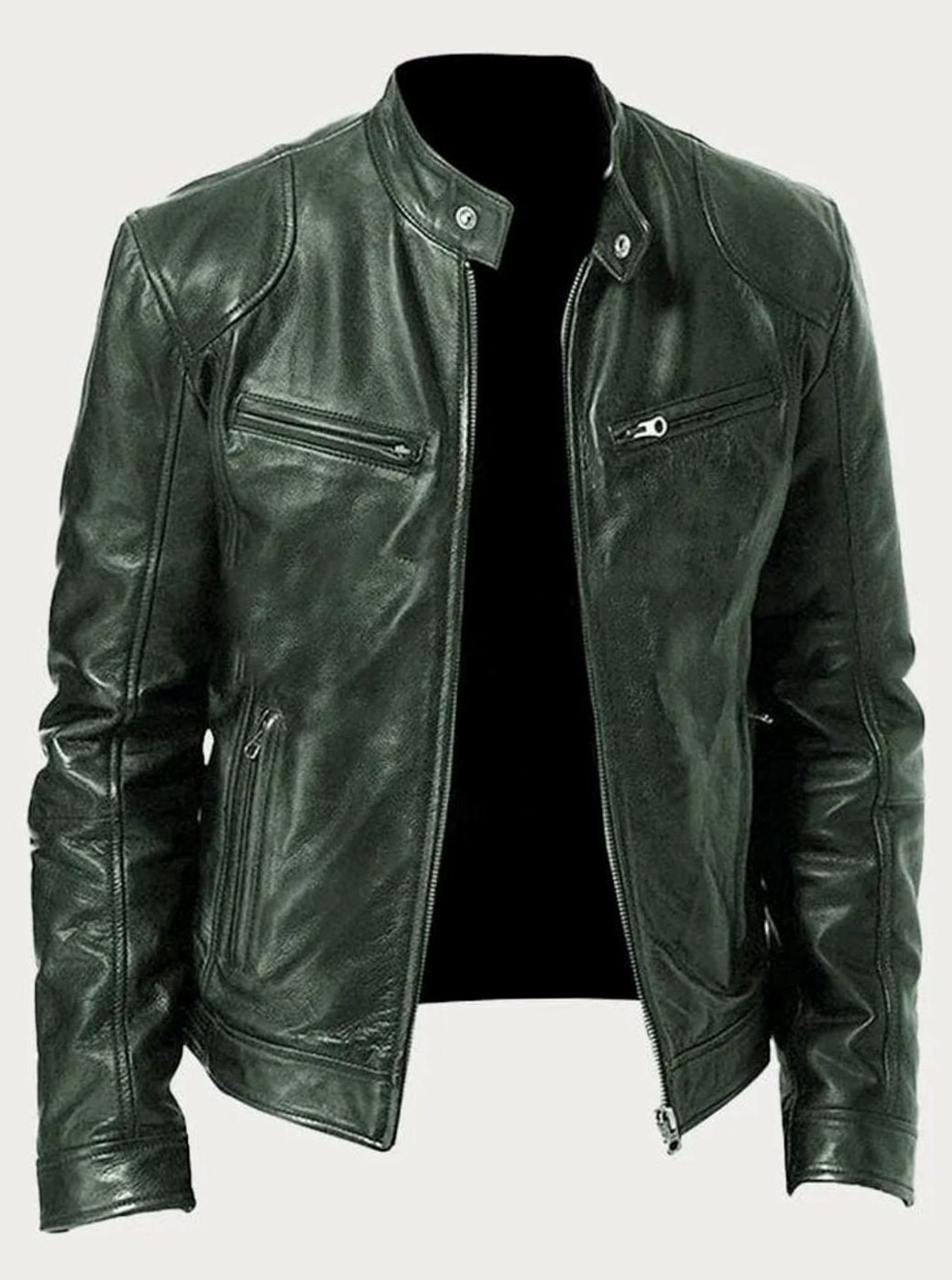 Classic Moto Leather Jacket with Zipper for Men