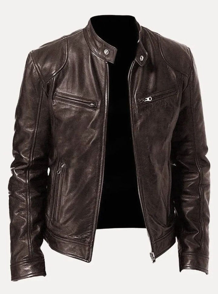 Classic Moto Leather Jacket with Zipper for Men