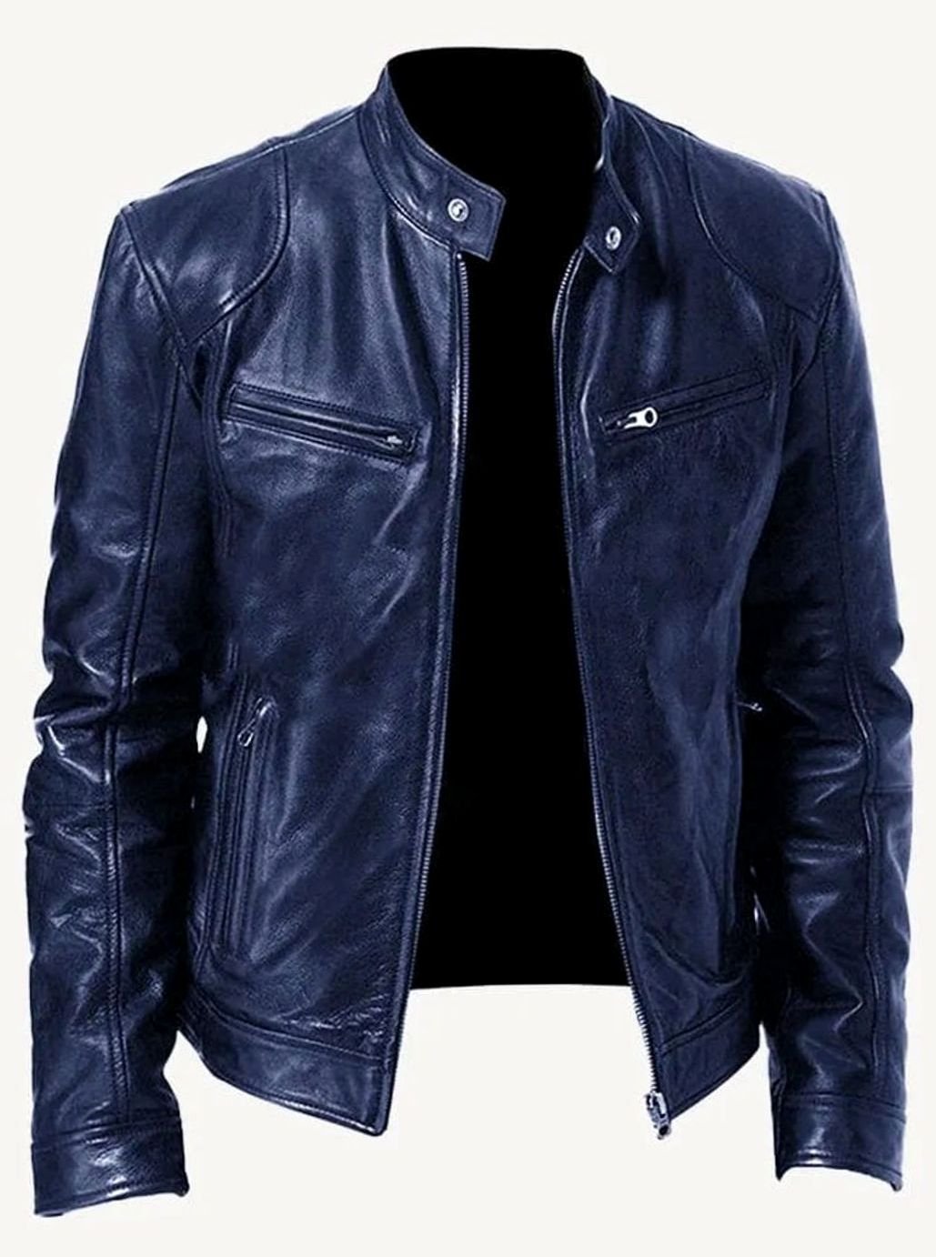 Classic Moto Leather Jacket with Zipper for Men