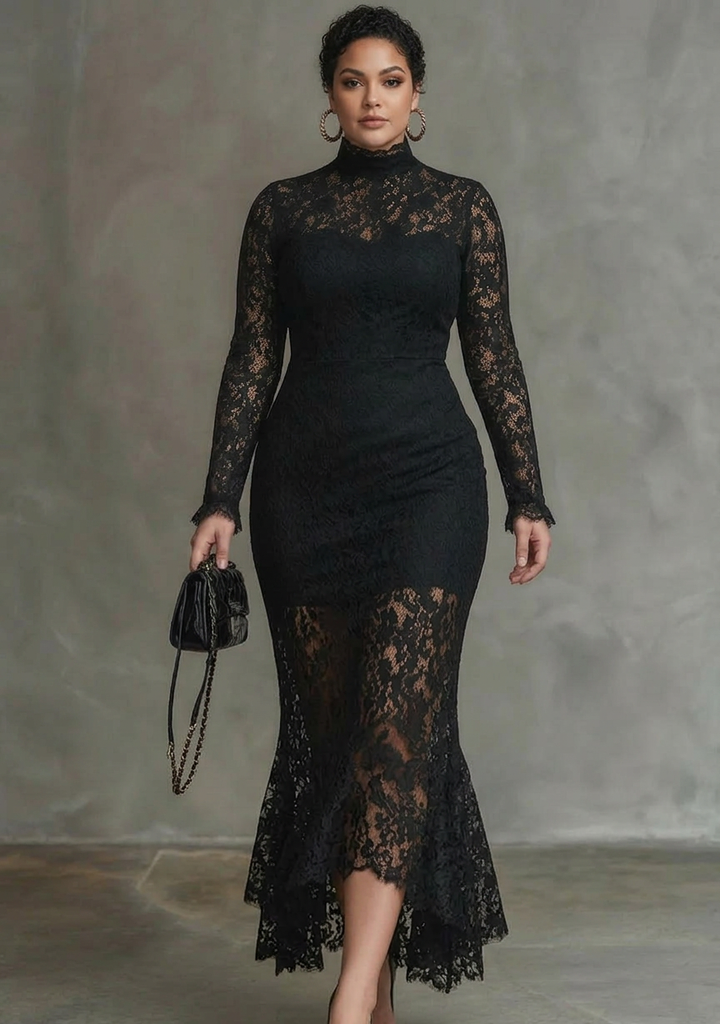 Women's maxi dress with stretch lace and mermaid cut