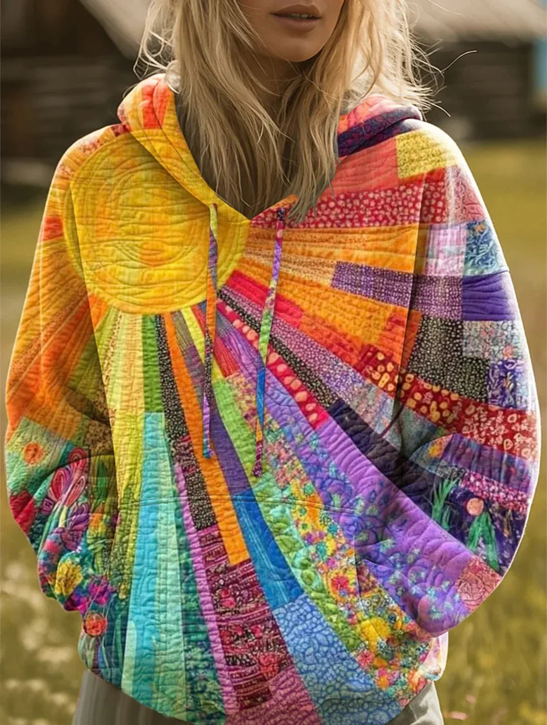 Farverig Patchwork Hættetrøje Dame