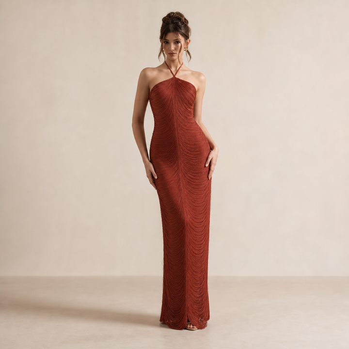 Long Halterneck Dress with Fringe for Women
