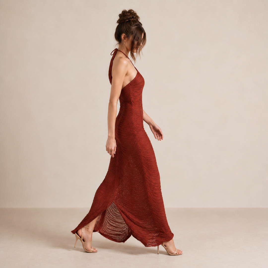 Long Halterneck Dress with Fringe for Women