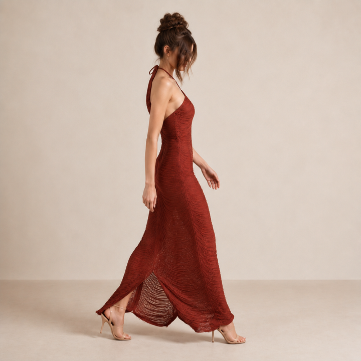 Long Halterneck Dress with Fringe for Women