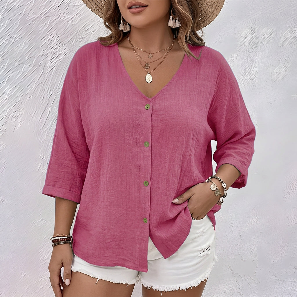 Women's Casual V-Neck Blouse with Roll-Tab Sleeves and Buttons