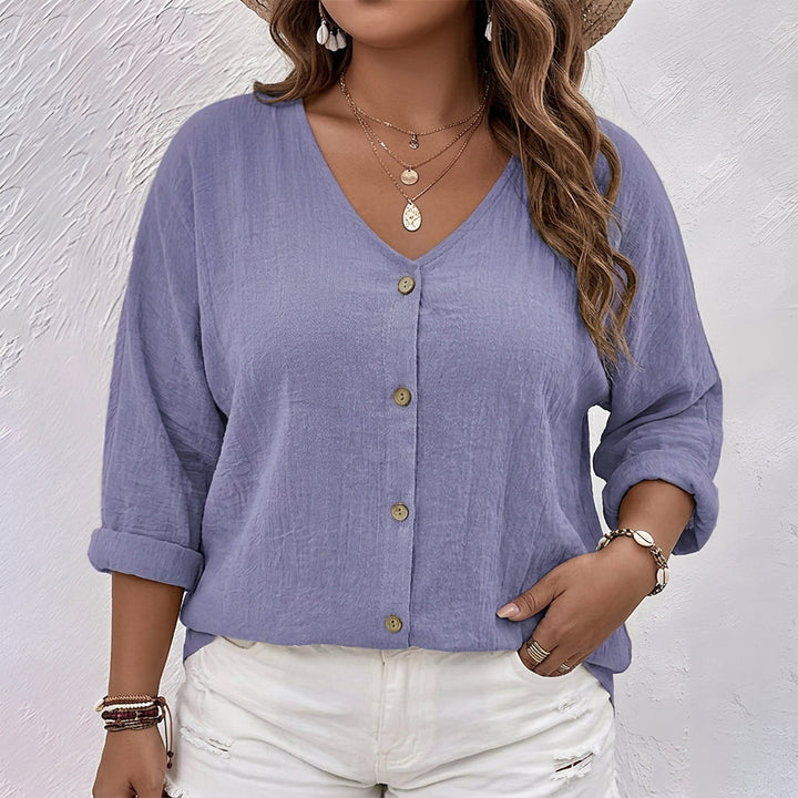 Women's Casual V-Neck Blouse with Roll-Tab Sleeves and Buttons